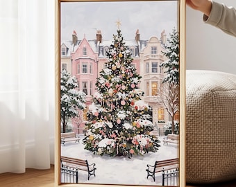 Pink European Christmas Street Scene Canvas Wall Art, Winter City Painting, Tree Art