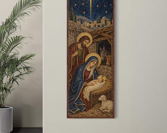 Starry Night Jesus Christ Canvas Wall Art, Mosaic Christian Nativity Scene Painting