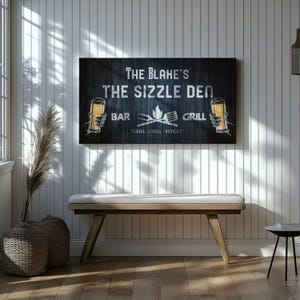 Custom Bar And Grill Canvas Sign, Custom Bar & Grill Wall Decor with Family Name, Personalized Outdoor Backyard Farmhouse Kitchen Home Gift