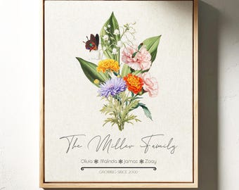 Custom Birth Flower Art Print, Personalized Family Bouquet Canvas, Month Flower Wall Decor, Botanical Name Sign Art