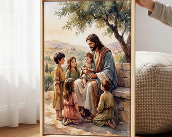 Jesus With Children Christian Kids Room Canvas Wall Art, Bible Verse Nursery Print