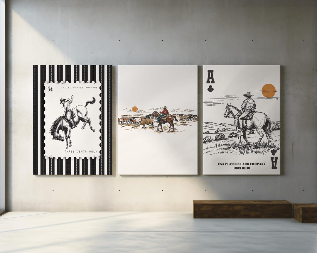 Western Rodeo Print Set, Vintage Striped Cowboy Wall Art, Rustic ...