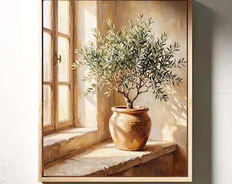 Olive Tree By Window Canvas Wall Art, Italian Kitchen Poster, Cottagecore Farmhouse Art