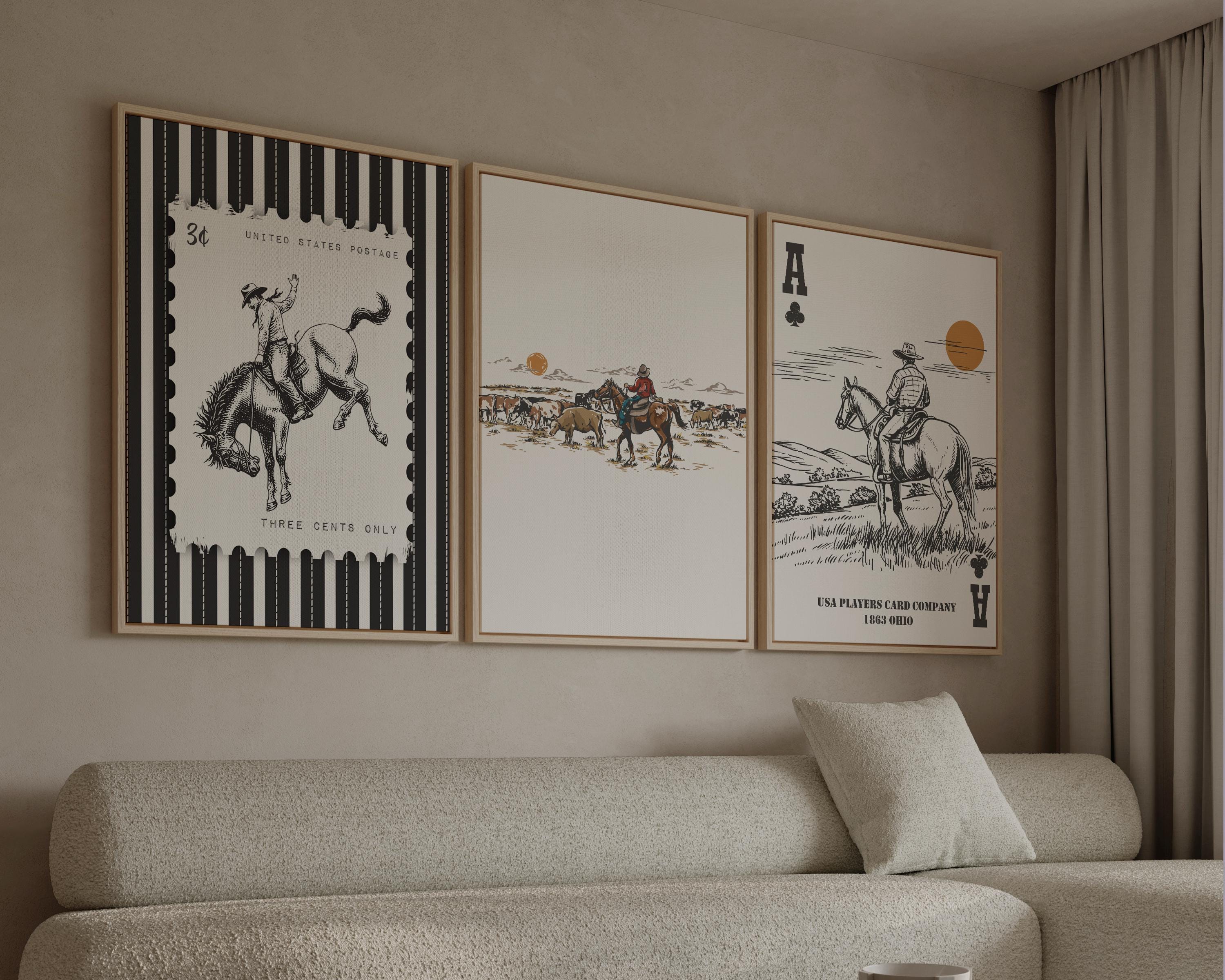 Western Rodeo Print Set, Vintage Striped Cowboy Wall Art, Rustic ...