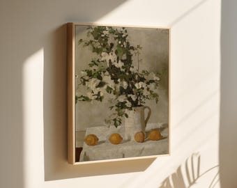 Sir William Nicholson Still Life Art Print, White Flowers And Lemons Oil Painting, Vintage Kitchen Wall Art, Floral Room Art