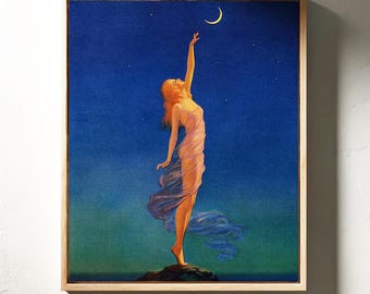 Celestial Art Print, Moon Goodness Canvas, Starry Night Wall Art, Greek Mythology Painting, Art Deco Fantasy Poster