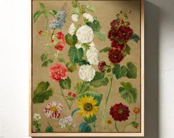 Vintage Floral Canvas Wall Art, Botanical Garden Print, Antique Cottagecore Wall Decor, Moody Flower Oil Painting