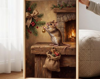 Whimsical Christmas Mouse Canvas Wall Art, Woodland Animals Art For Winter Holiday