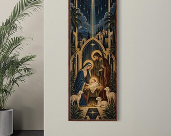 Tall Thin Jesus Christ Starry Night Canvas Wall Art, Christian Nativity Scene Print