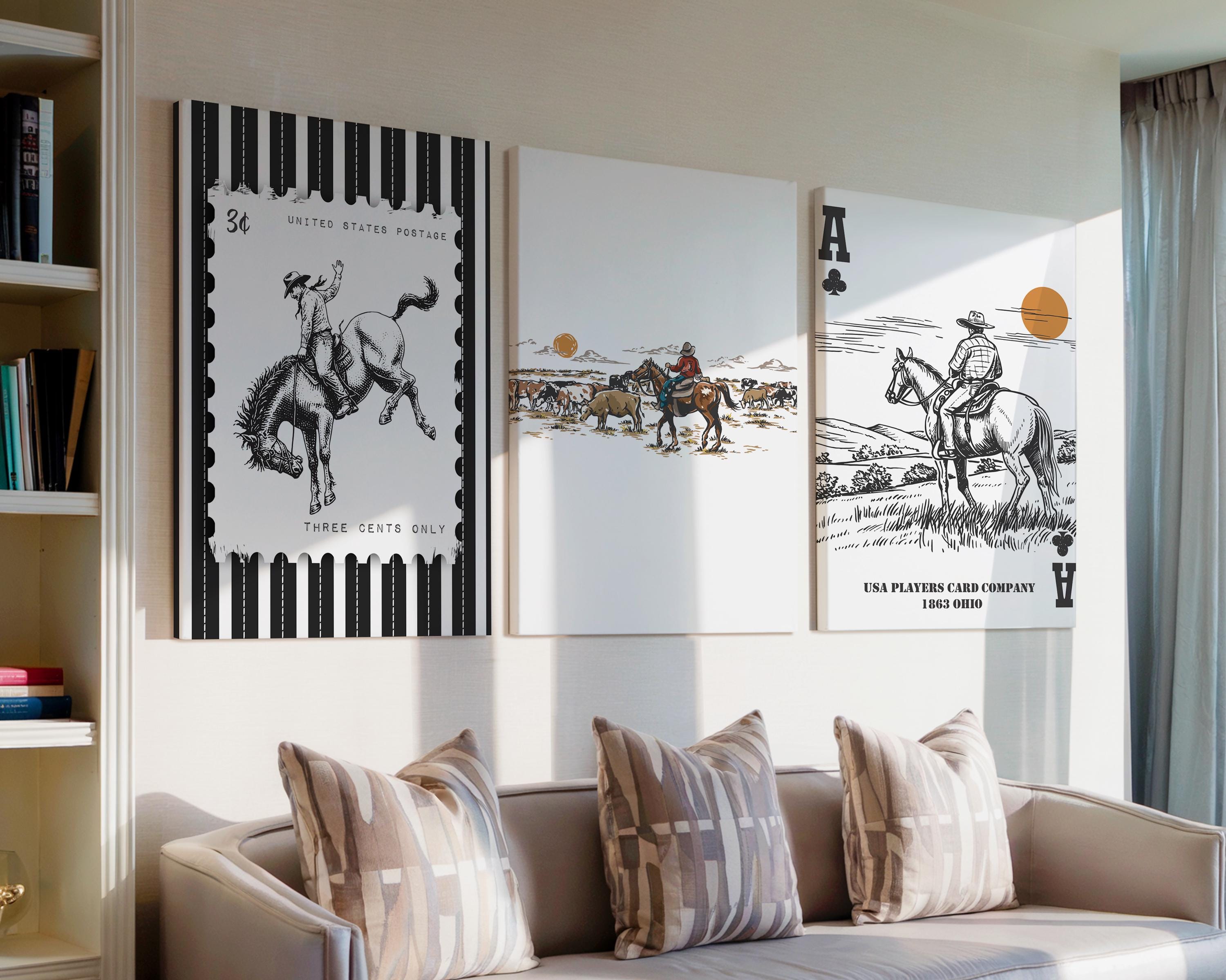 Western Rodeo Print Set, Vintage Striped Cowboy Wall Art, Rustic ...