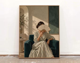 Green Striped Dress Woman With Fan Canvas Wall Art, Feminine Figure Painting