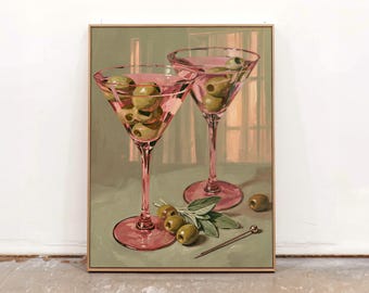 Pink Martini Glass Canvas Wall Art For Home Bar, Cocktail Print, Modern Drink Art
