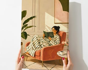 Whimsical Reading Book Lover Teen Girl Room Canvas Wall Art, Feminine Bookish Print