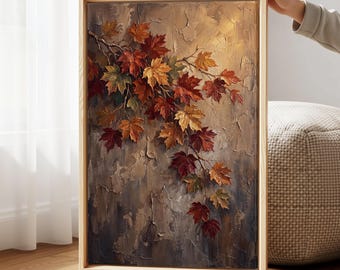 Autumn Oil Paint Leaves Canvas Wall Art, Moody Fall Decor, Minimalist Woodland Art
