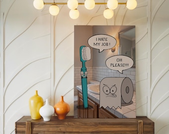 Funny Saying Bathroom Canvas Wall Art, Sarcastic Room Print, Caricature Art For Funky