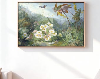 Vintage Daisy Meadow Oil Painting, Botanical Floral Wall Art, 19th Century Canvas Print, Green Garden Art, Nature Home Decor