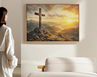 Cross On Mountains Canvas Wall Art, Nature Sunset Lights Scene Print, Moody Artwork