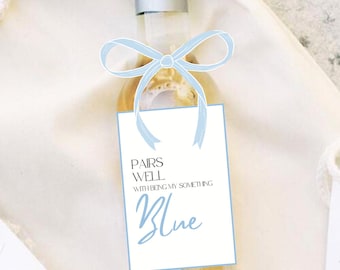 Pairs Well Something Blue Crew Mini Wine Bottle Labels Template, Editable, Canva, Bridesmaid Wine Labels Digital Download, Wedding