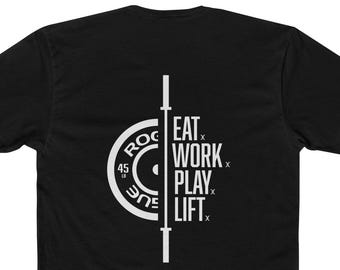 Taggtrådskläder Äta Arbeta Lek Lyft Tränings-T-shirt, Gym, WOD, Fitness, CrossFit, Skivstång, Fritidskläder, Present till honom eller henne, Lyftning
