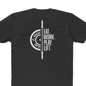 Koszulka Barbed Wire Apparel Eat Work Play Lift Workout, Siłownia, WOD, Fitness, CrossFit, Barbell, Strój codzienny, Prezent dla niego lub dla niej, Podnoszenie ciężarów