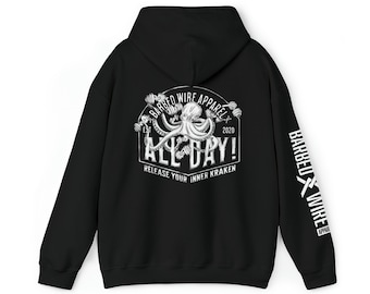 Barbed Wire Apparel All Day Octopus Workout Black and White Unisex Hoodie, Lifting, Gym Tee, Crossfit, Dumbbell, Muscles, Gift for Him Her