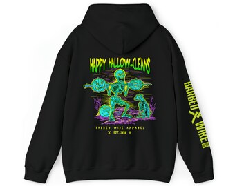 Barbed Wire Apparel Happy Hallow-Cleans Fitness T-Shirt, Novelty, Gift for Him or Her, Halloween, Retro 80&#39;s Style, Gym, Lifting, Skeleton