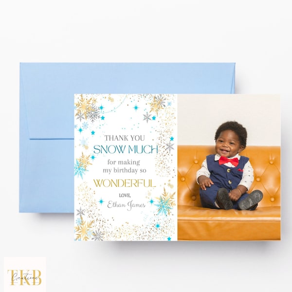 INSTANT DOWNLOAD | Editable Winter Onederland Thank you card | Blue Gold Silver Snowflake theme | Winter Wonderland card | 1st Birthday