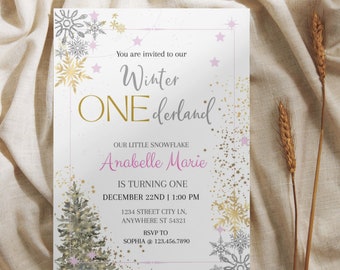 Winter ONEderland Einladung | Rosa, Silber und Gold (Digitaler Download)