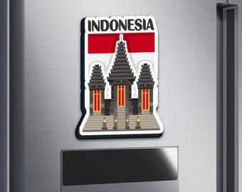 May include: A refrigerator magnet featuring a stylized illustration of an Indonesian temple. The magnet has a white border and the word "INDONESIA" above a red and white Indonesian flag. The temple has a gray and black color scheme with red accents.