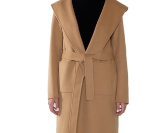 Trench-coat double face en laine et cachemire pour femmes avec ceinture | Couleur : camel