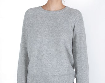 Jennie Liu Damen-Pullover mit Rundhalsausschnitt, 100 % reinem Kaschmir, Raglanärmel, besonders kuschelig, gerippt | Farbe: Grau