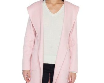 Women's cashmere wool double face hooded trench coat with belt | Color : Pink