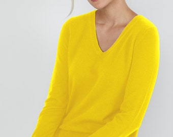 Pulls 100 % pur cachemire pour femme | Pulls à col en V | Couleur citron vert