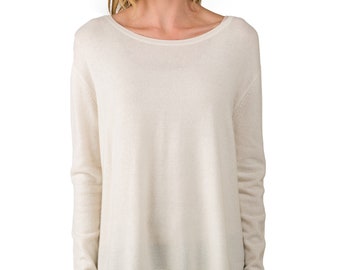 J CASHMERE Damen-Pullover aus 100 % Kaschmir mit Dolman-Ärmeln, High-Low-Pullover | Farbe: Creme