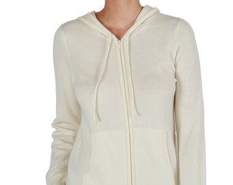 100% Pure Cashmere Hoodies for Women | 2-Way Zip Hooded Cardigan Sweaters | Color Cream