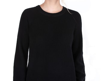 Jennie Liu Damen-Pullover mit Rundhalsausschnitt, 100 % reinem Kaschmir, Raglanärmel, besonders kuschelig, gerippt | Farbe: Schwarz