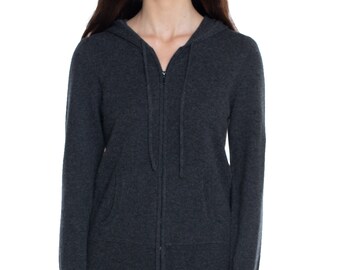100% Pure Cashmere Hoodies for Women | 2-Way Zip Hooded Cardigan Sweaters | Color Dark Charcoal