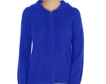 Sudaderas con capucha 100% pura cachemira para mujer / Suéteres tipo cárdigan con capucha y cremallera de 2 vías / Color cobalto