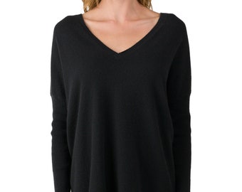 J CASHMERE Damen 100% Kaschmir Slouchy Dolman Ärmel Doppelter V-Ausschnitt Pullover | Farbe : Schwarz