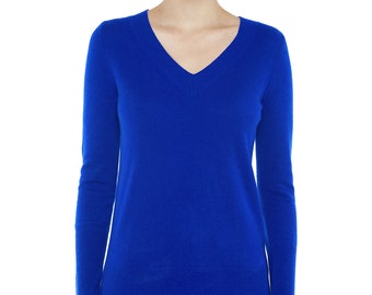 Suéteres 100% Puro Cashmere para Mujer / Jerséis Ava con Cuello en V / Color Cobalto