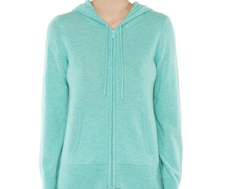 Sudaderas con capucha 100% pura cachemira para mujer / Suéteres tipo cárdigan con capucha y cremallera de 2 vías / Color Aqua