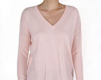 J CASHMERE Damen 100% Kaschmir Slouchy Dolman Ärmel Doppelter V-Ausschnitt Pullover | Farbe: Pink Pearl