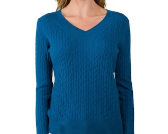 Damen 100% Kaschmir Langarm Pullover Zopfmuster Pullover mit V-Ausschnitt | Farbe : Peacock Blue