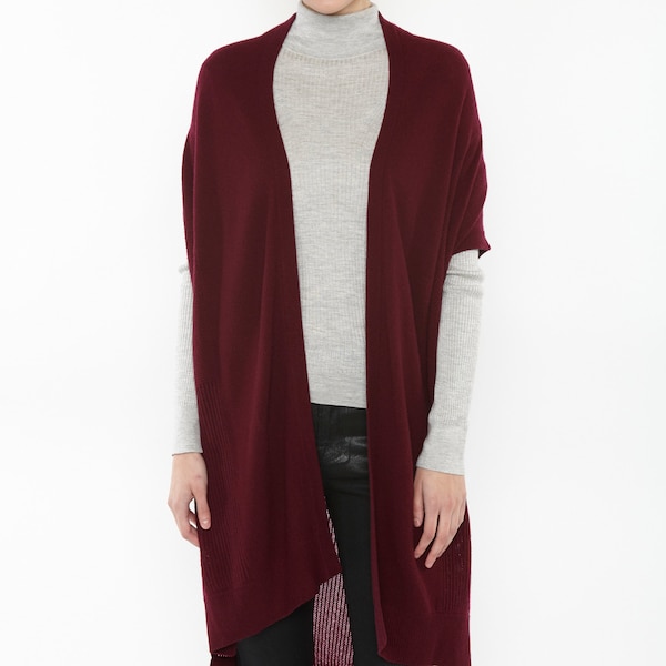 Women's 100% Pure Cashmere Mesh Stitch Open-Front Duster Cardigan Sweater | color : burgundy