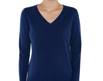 Suéteres 100% Puro Cashmere para Mujer / Jerséis Ava con Cuello en V / Color Azul