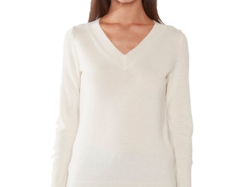 Suéteres 100% Puro Cashmere para Mujer / Jerséis Ava con Cuello en V / Color Crema