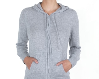 100% Pure Cashmere Hoodies for Women | 2-Way Zip Hooded Cardigan Sweaters | Color Grey