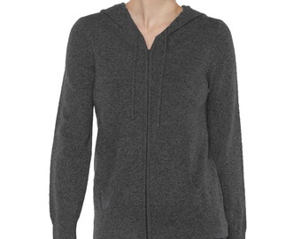 100% Kaschmir Hoodies für Frauen | 2-Wege-Reißverschluss-Strickjacke mit Kapuze | Farbe Charcoal