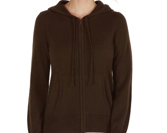 Sudaderas con capucha 100% pura cachemira para mujer / Suéteres tipo cárdigan con capucha y cremallera de 2 vías / Color chocolate