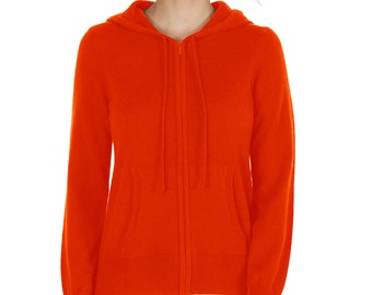 Sudaderas con capucha 100% pura cachemira para mujer / Suéteres tipo cárdigan con capucha y cremallera de 2 vías / Color tomate